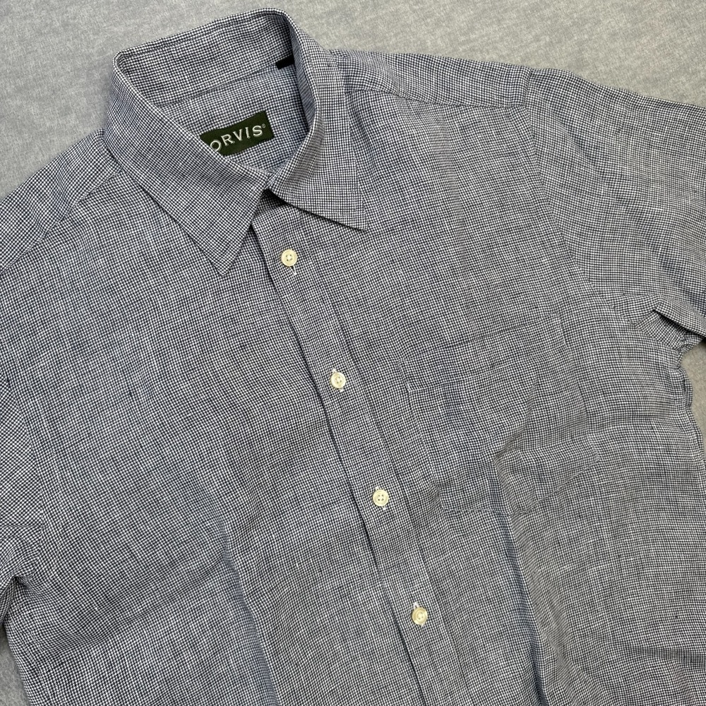 Orvis Shirt Mens Medium Blue Houndstooth Linen Button Down Lightweight Casual
